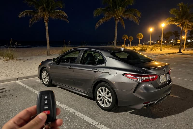 Toyota Camry key replacement at night on the beach