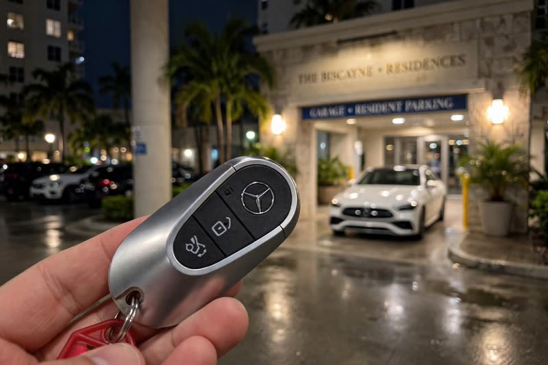 Mercedes-Benz key handover at a residence garage