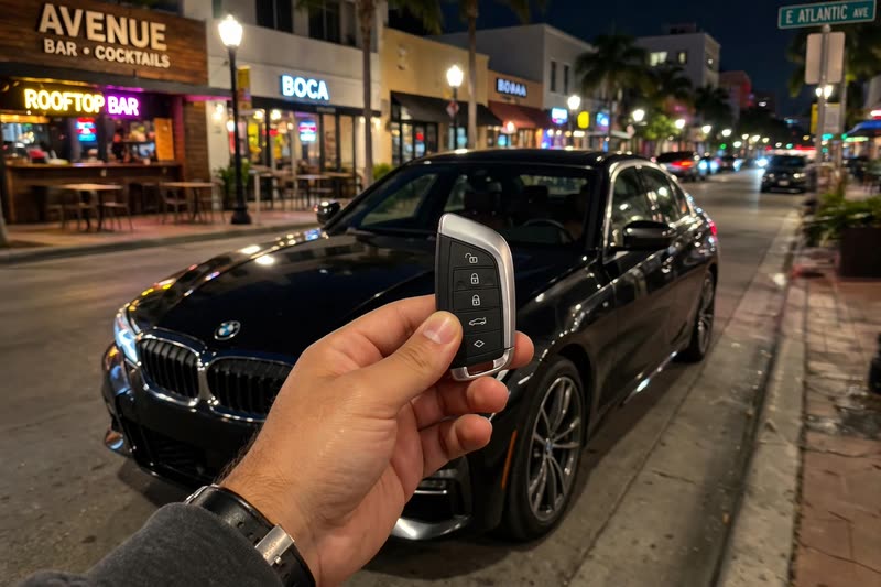BMW smart key on Atlantic Avenue at night