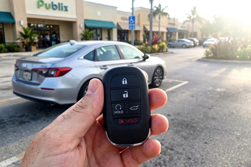 Honda Accord key fob in a shopping plaza parking lot